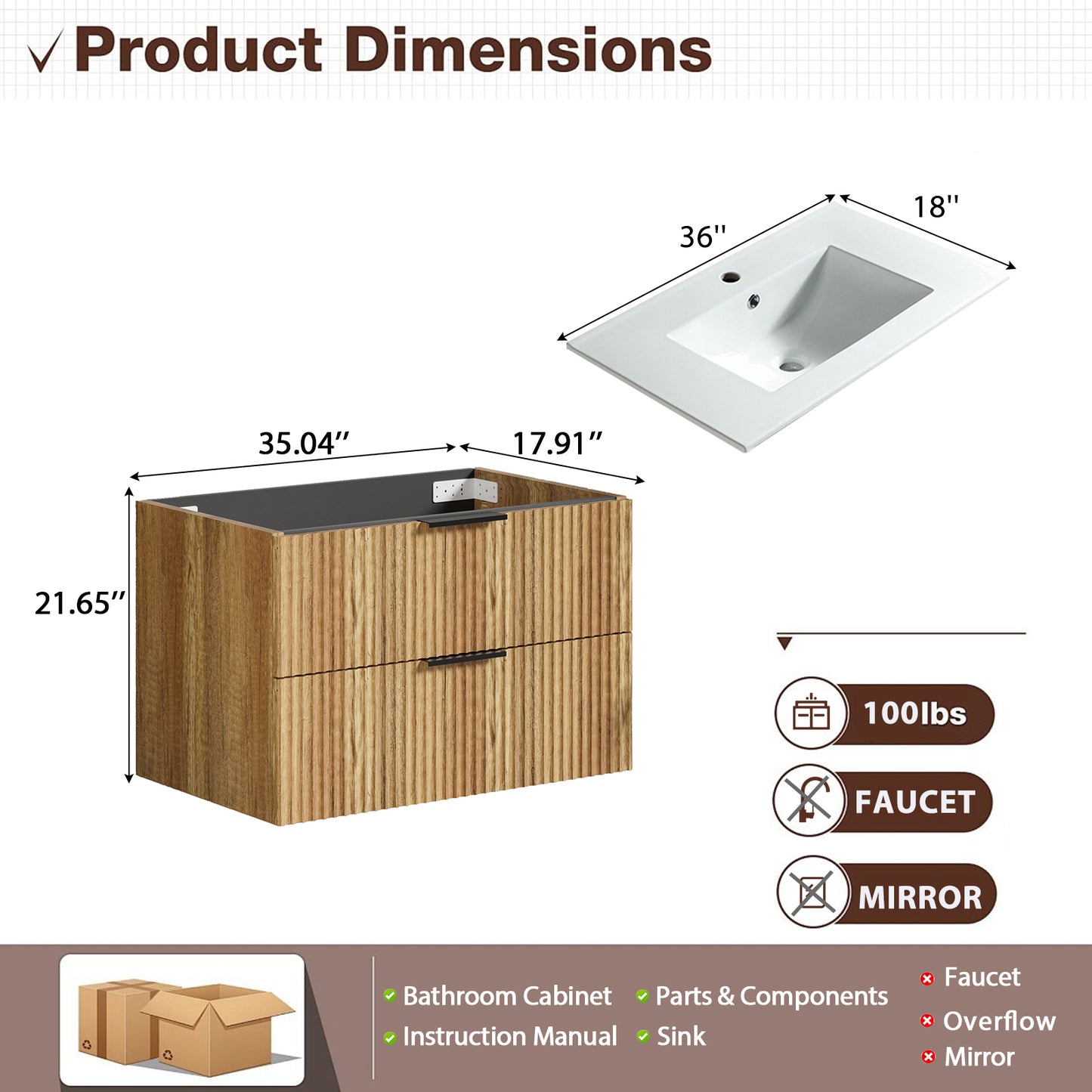 36 Inch Wall-Mounted Bathroom Vanity With 3D Fluted Panel & Ceramic Integrated Sink