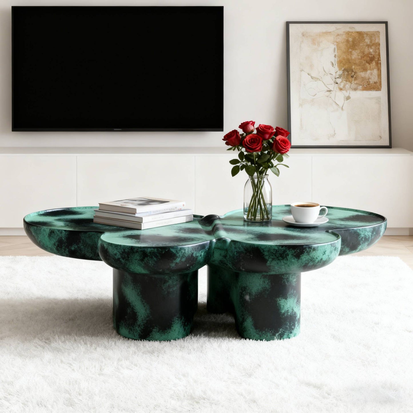 Modern Coffee Table Faux Travertine Textured For Livingroom Office,Green    Black