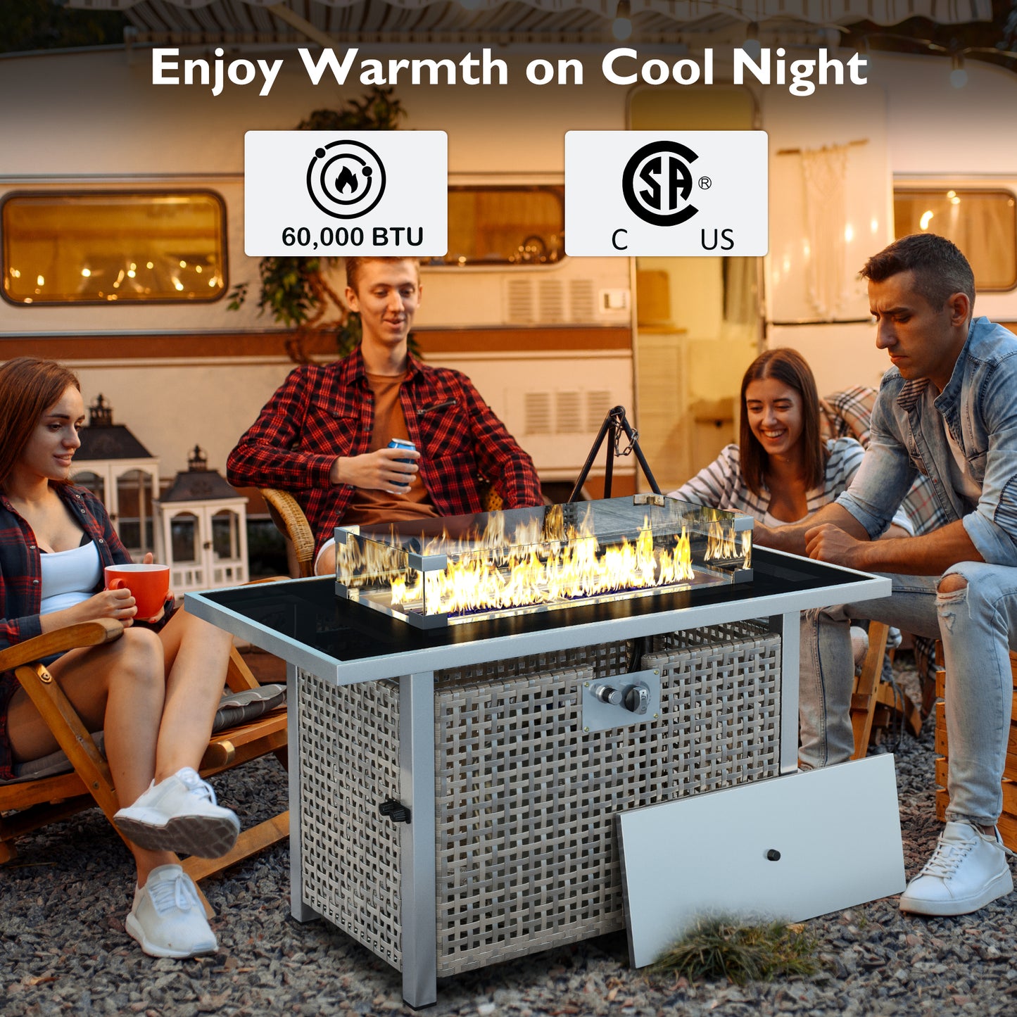 K&K 43  Propane Gas Fire Pit Table, 60000 BTU Rectangular Open Weave Wicker Fire Pit With Glass Wind Guard For Outside Patio Deck Garden  Grey