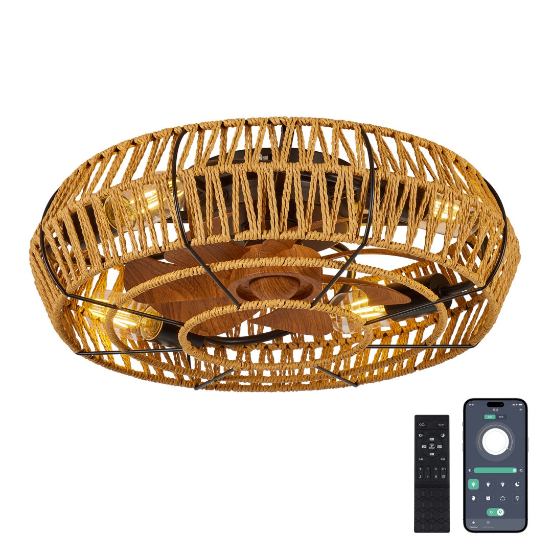 19in Caged Ceiling Fans With Lights And Remote, Boho Flush Mount Ceiling Fan With Light, Low Profile Chandelier 6 Speed Bladeless Reversible Ceiling Fan W 4 Bulbs. For Living Room Bedroom.