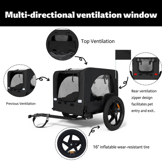 Outdoor Heavy Duty Collapsible Pet Bike Trailer With 16-Inch All-Terrain Wheels & Universal Hitch - Foldable Dog Cargo Carrier Cart For Bicycles, Black