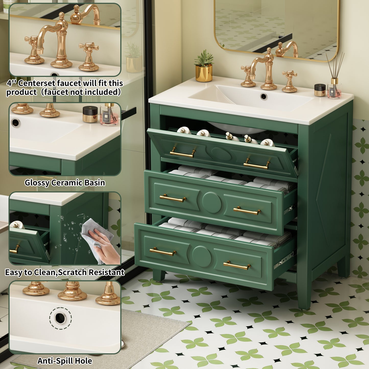 30   Bathroom Vanity With Ceramic Sink Combo, Free Standing Single Vanity Set With 3 Drawers, Solid Wood Frame Bathroom Storage Cabinet, Green