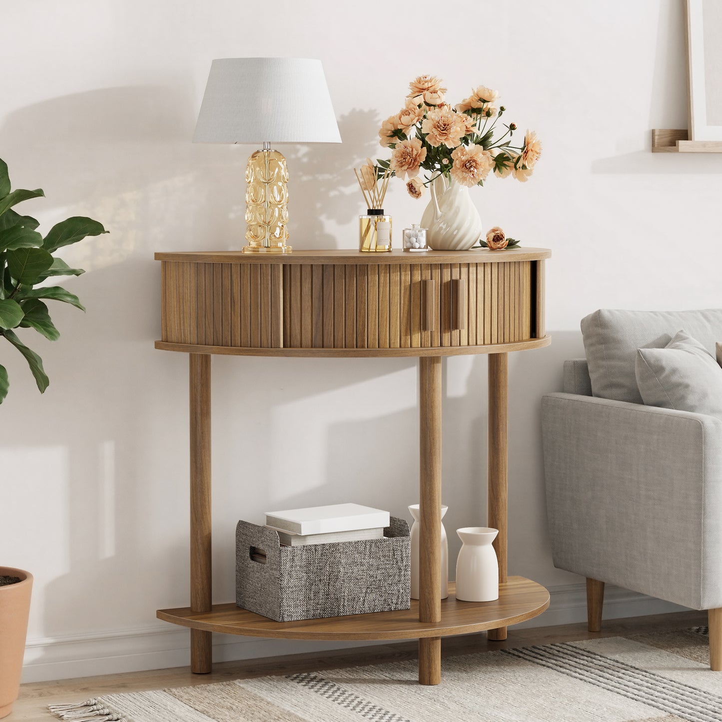 31.5-Inch Grooved Half-Moon Console Table, Farmhouse Sofa Table Behind Couch, Modern Entryway Table, Decorative Table For Living Room, Hallway, Entryway Or Foyer Narrow Entry, Walnut