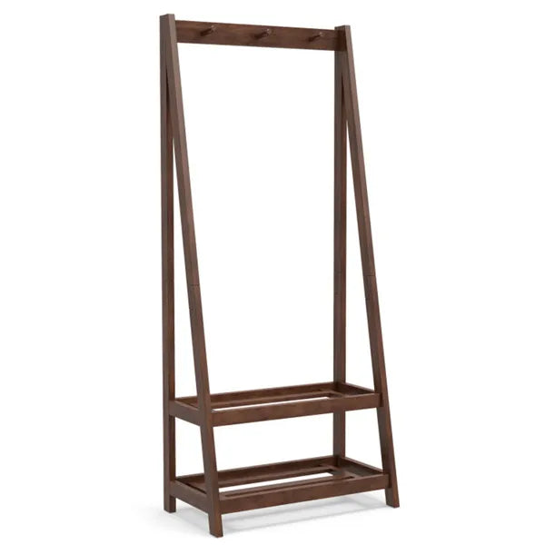 100% Solid Rubber Wood Freestanding Coat Rack, A-Frame Stable Garment Hanger With 3 Hooks & 2 Shelves