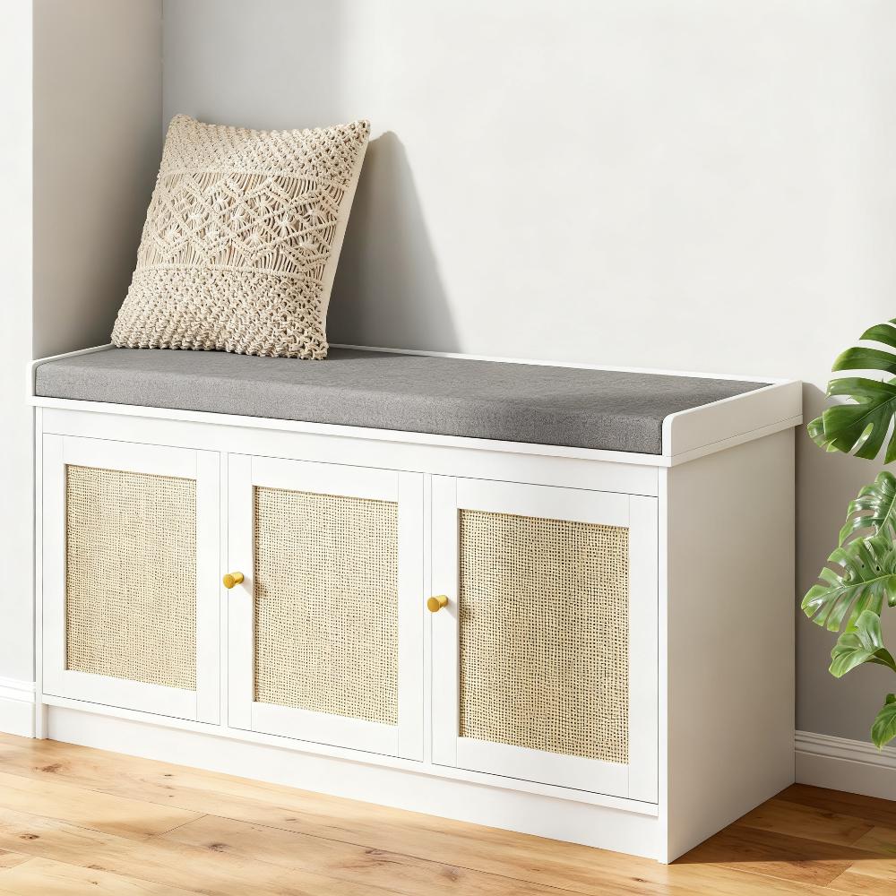 Shoe Storage Bench With Woven Rattan Doors, Shoe Bench With Cushion