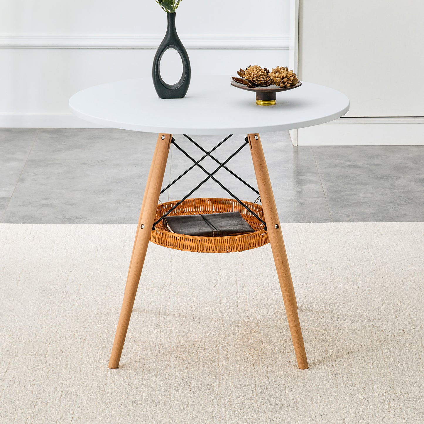 31.5-inch Diameter Circular Dining Table, White MDF Vacuum Formed Tabletop, Solid Wood Legs, With Suspended Woven Storage Basket Structure. A Casual Coffee Table Suitable For 2-4 People.