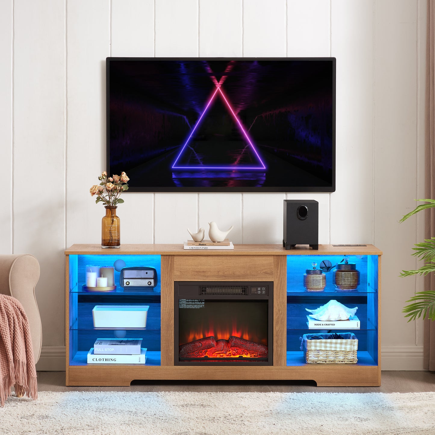 TV Stand Electric Fireplace TV Stand With Glass Shelves, 3D Fireplace TV Stand With LED Lights Wood With USB Charging Outlet Modern Television Table Center For TV Up To 32-62  OAK 58'Wx15.4''Dx24.6