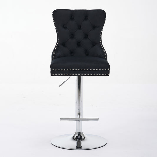 Thick Chrome Swivel Velvet Barstools,Adjustable 25-33 Height,Modern Upholstered With17.7 Base,Tufted Buttons&Diamond Pleating,Sponge&Spring Seat,for Home Pub&Kitchen Island Black, Set Of 2