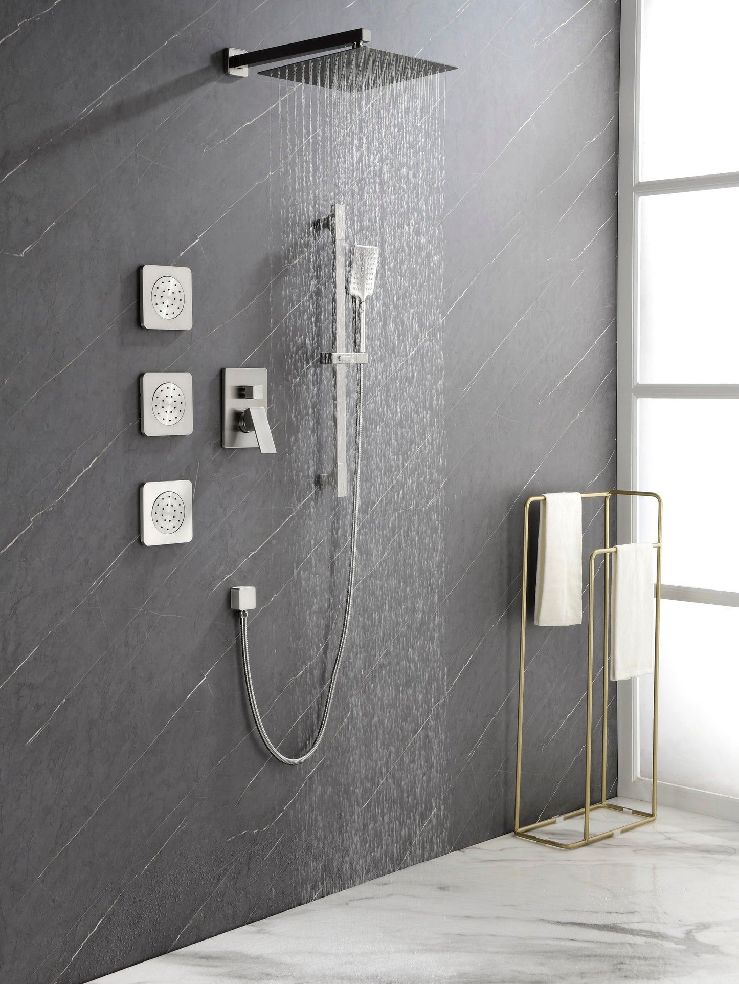 Shower System With Shower Head, Hand Shower, Slide Bar, Sprayer, Shower Arm, Hose, Valve Trim And Lever Handle