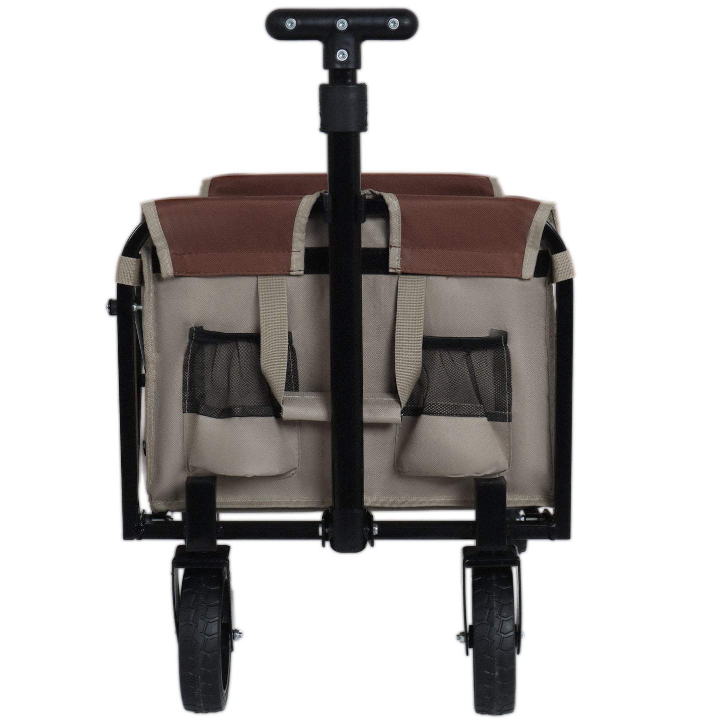 All- In- One Convertible Folding Camping Wagon Cart  Bench Seat  Storage Compartment & Included Dog Tether  Beige Brown