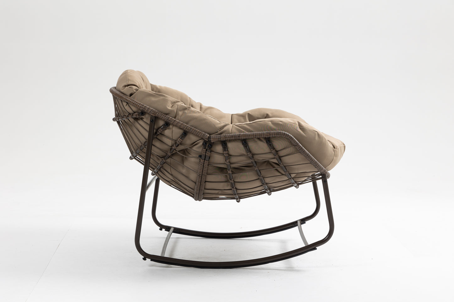 Outdoor Rocking Chair, Patio Oversized Wicker Egg Rocking Chair, Indoor & Outdoor Comfy Rocker Chair With Thick Cushion, Modern Lounge Chair For Balcony, Front Porch, Garden, Backyard, Khaki
