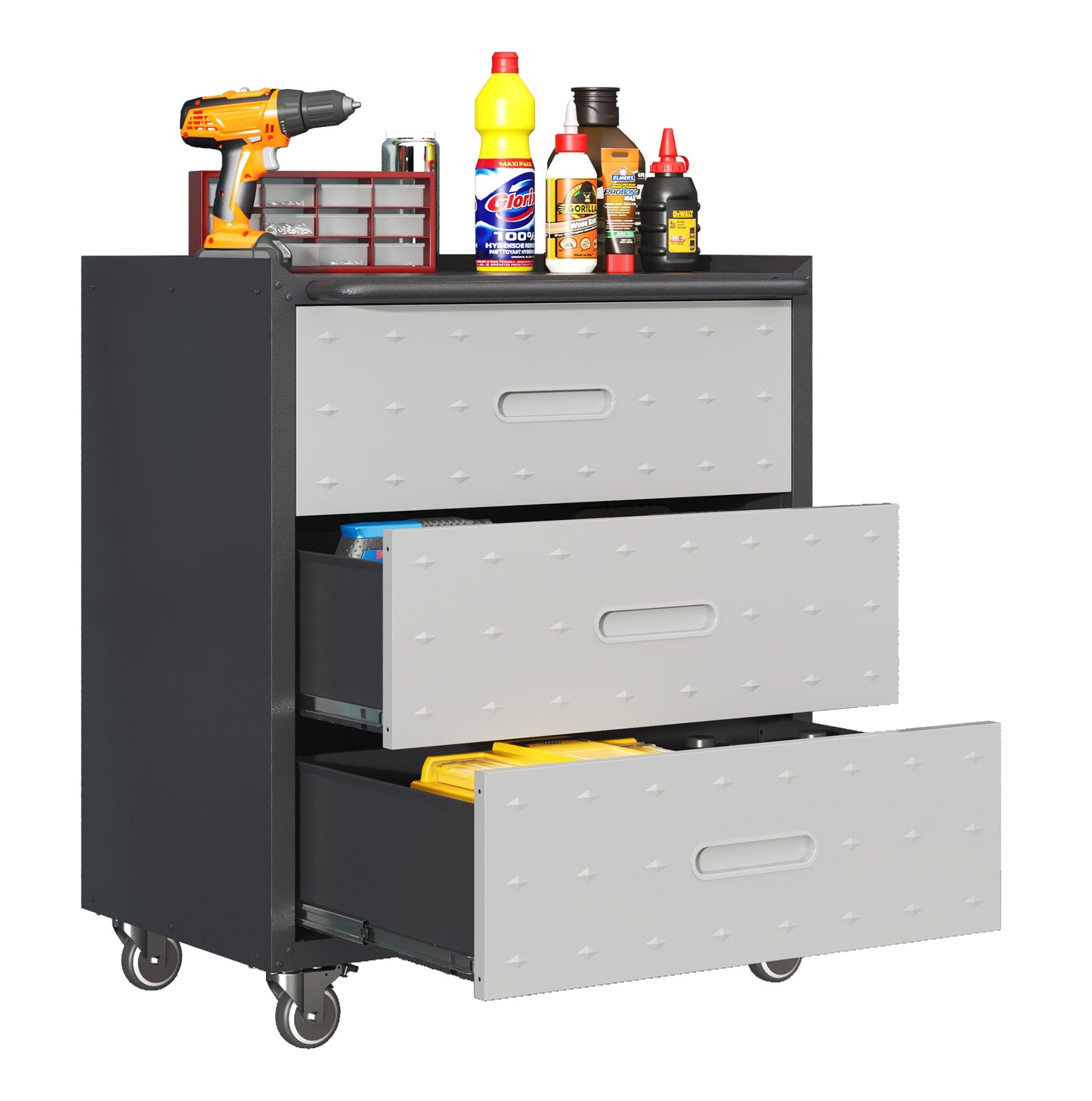 Heavy-Duty Metal Storage Cabinet With Wheels - 3 Drawer Tool Cabinet For Garage, Office, And Home Organizer Solutions, Black Gray