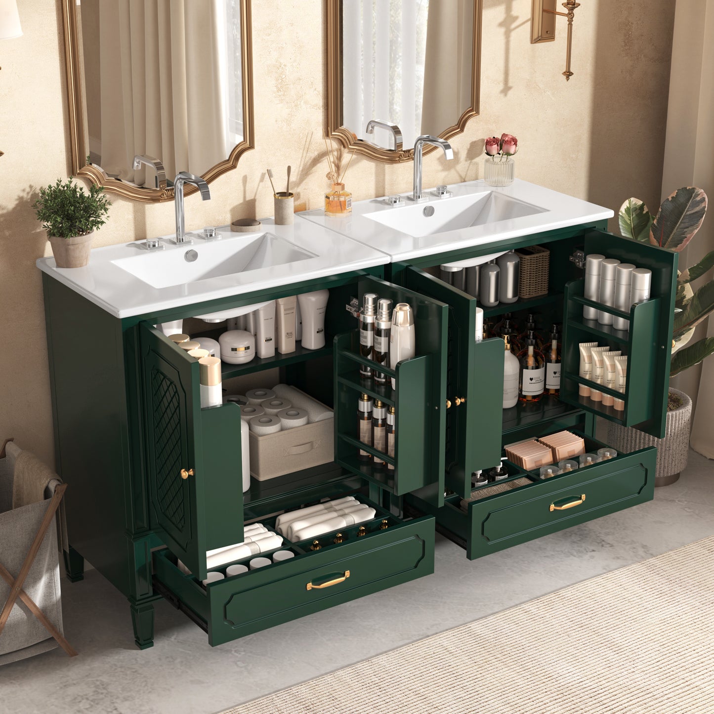 60  Bathroom Vanity With Double Sink Combo Set, 2 Cabinet With Door Organizers, 2 Drawers, Green