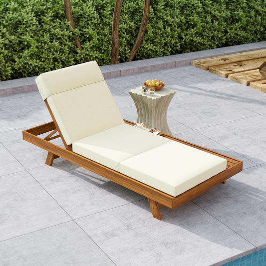 LOUNGE CHAISE SET WITH HEADREST, SPACE AVAILABLE ON ONE SIDE,ACACIA WOOD WITH WATER-RESISTANT LOUNGE CUSHIONS  BEIGE & 3-FOLD & 4 Inch  - MATCHING DARK GREY CREAM VERSION AVAILABLE