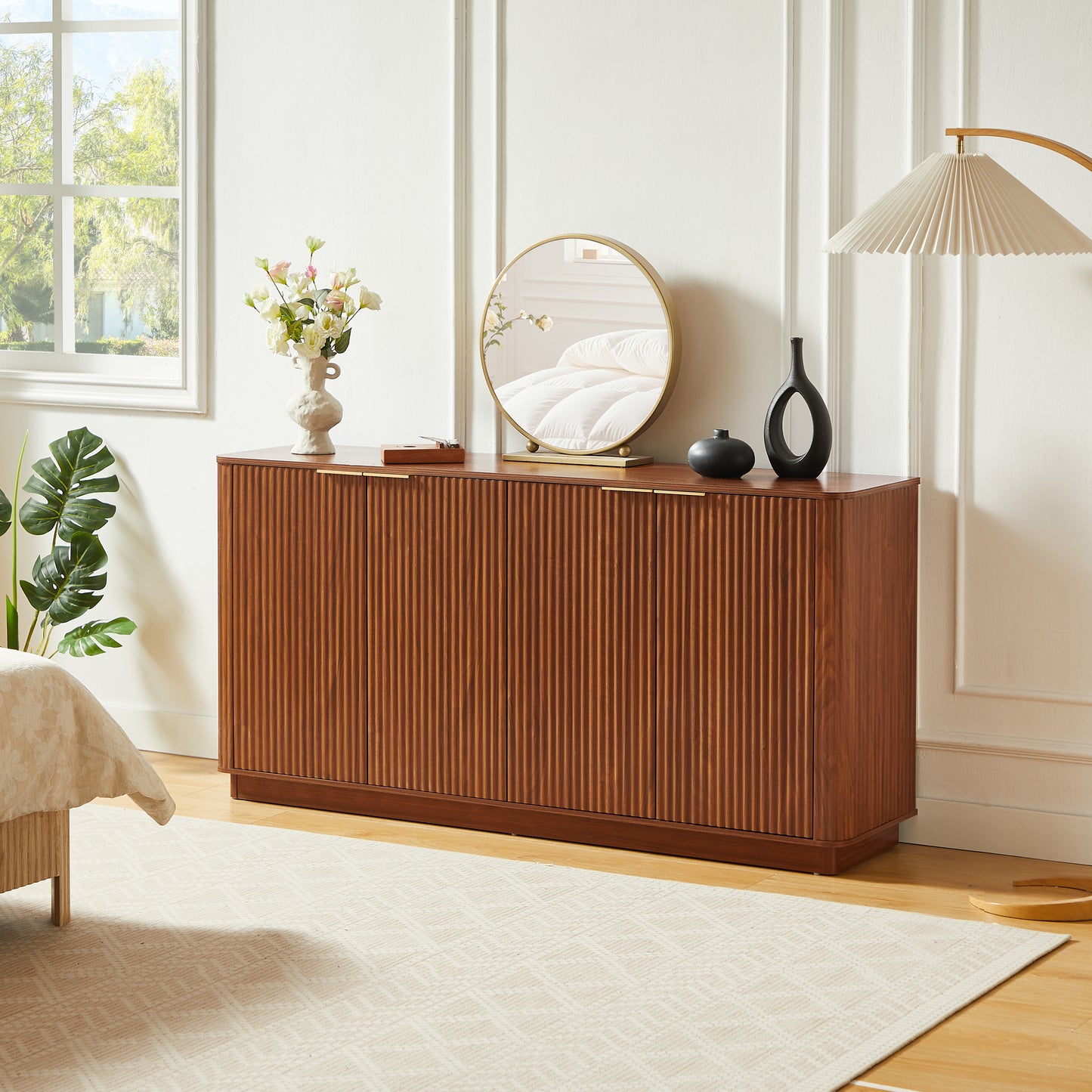 63  Vertical Stripe Buffet Cabinet Sideboard With Stoarge, Curved Wave Design, TV Stand, For Bedroom, Living Room, Hallway, Walnut,63 W X 15.75 D X 31.5 H.