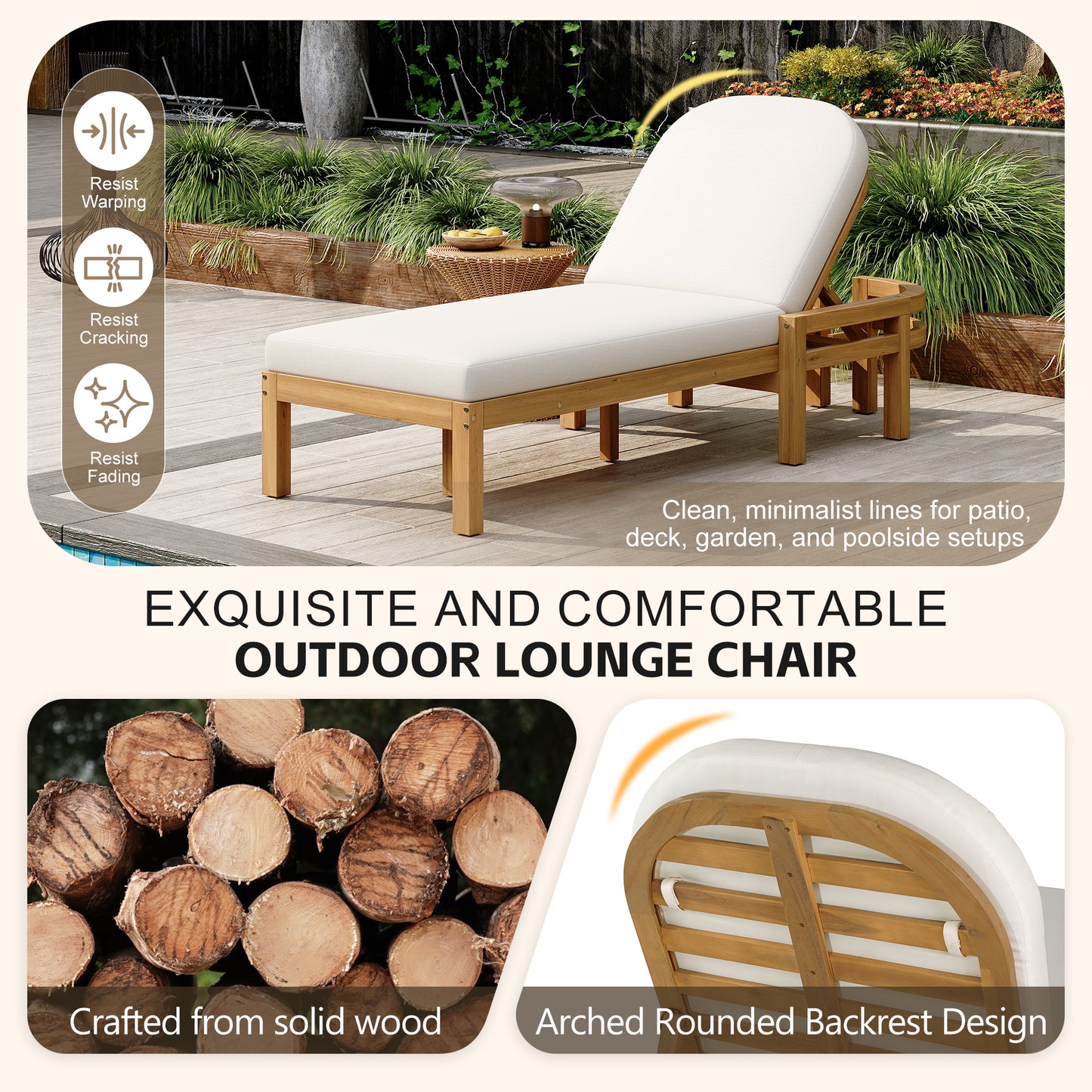 TREXM Outdoor Chaise Lounge  Premium Acacia Wood Patio Recliner With Arched Backrest  5-Position Adjustable Backrest  Outdoor Lounge Chair For Poolside    Deck & Lawn  Light Teak