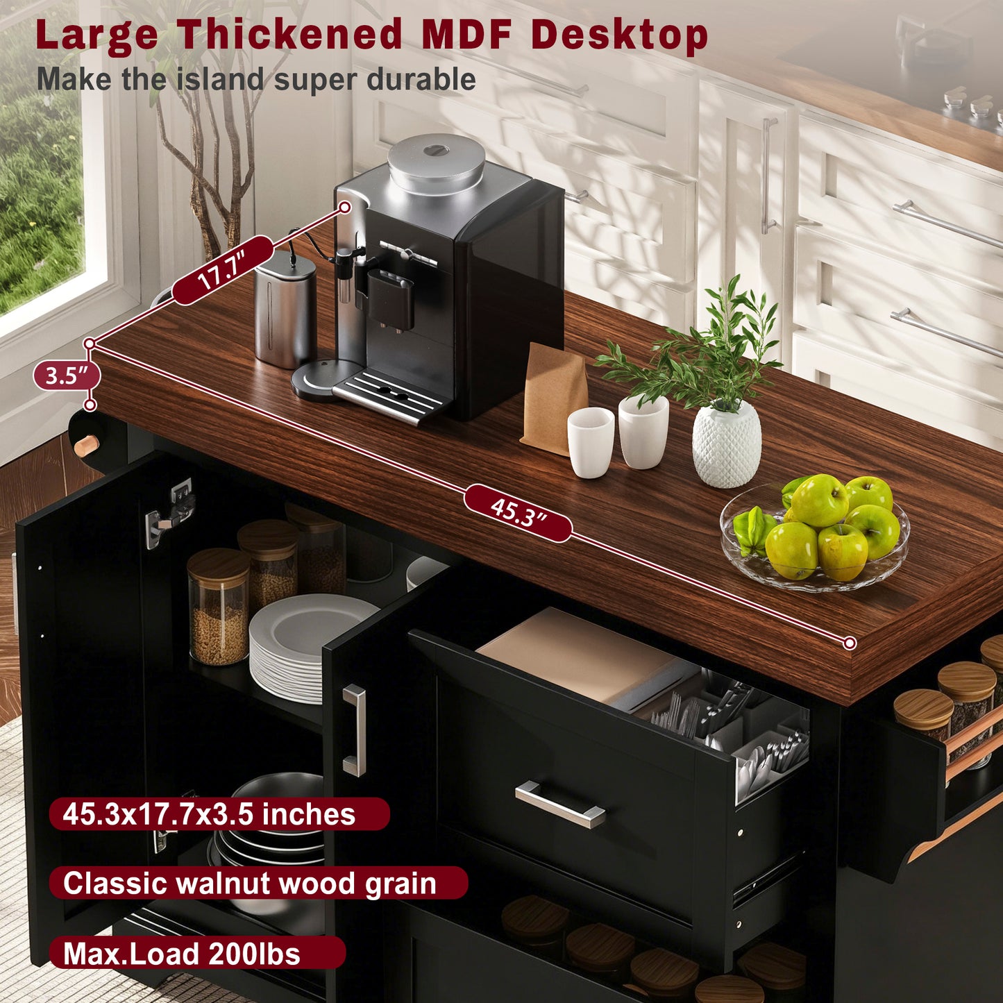 K&K 53  Large Kitchen Island With 3.5  Thick Desktop, Spice And Towel Racks, Rolling Kitchen Island With Storage On 5 Wheels, 2 Extra Large Drawers, For Home, Kitchen, Dining Room, Black
