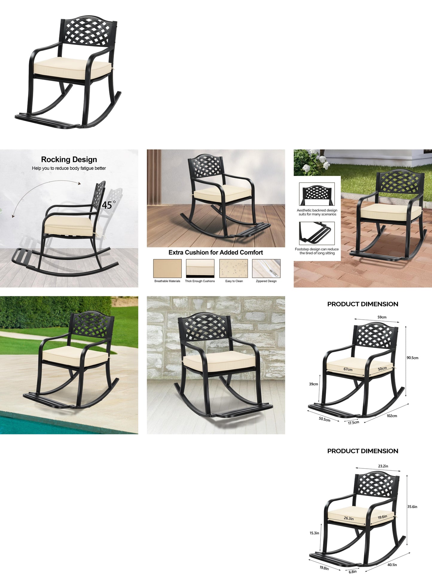 Metal Rocking Chair, Outdoor Rocking Bench With Cushion, Patio Rocker With Footrest, Weatherproof Rocking Chair For Outside, Patio, Garden, Hole Backrest