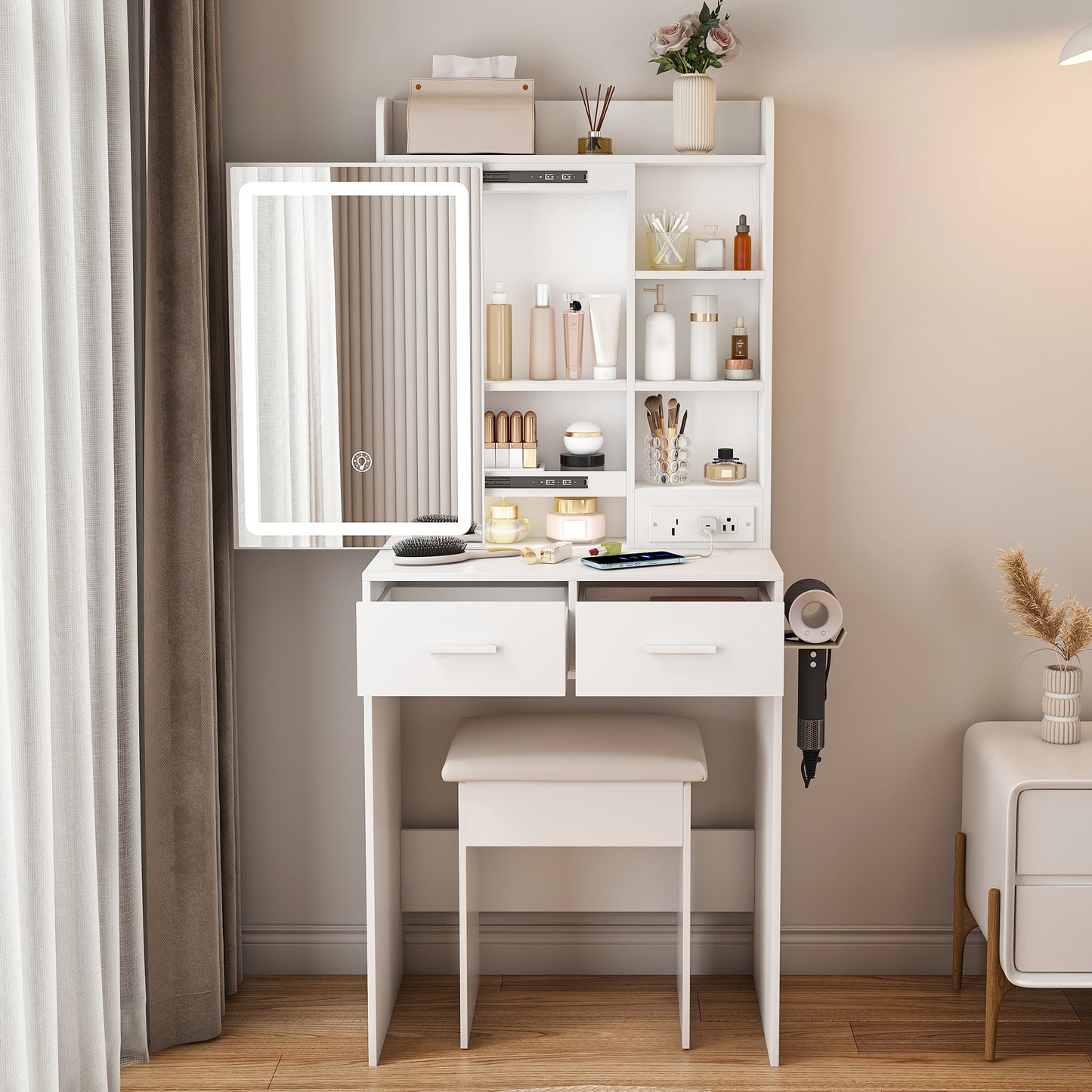 Small Makeup Vanity Desk With Mirror & Adjustable LED Lights,Built-in Power Outlet & Hidden Storage, Includes Padded Stool & Shelf,Space-Saving Dressing Table For Small Bedrooms,White