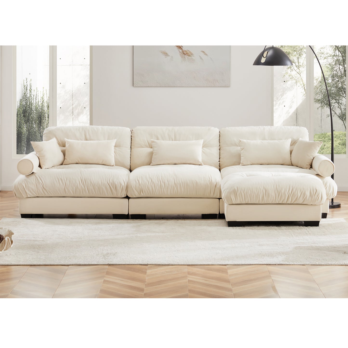 Super Comfort Oversized Modular Velvet Sectional Sofa Couch With Movable Ottoman,Corner Sectional With Bolstered Armrests, Deep Seat Cloud Couch, Convertible L Shaped Couch For Living Room Cream