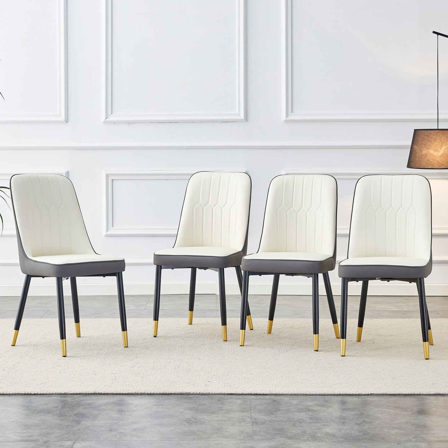 A Modern Dining Chair With A White Dark Gray Dual Tone PU Leather Backrest And Black Metal Legs, Suitable For Kitchens, Bedrooms, And Offices. A Set Of 4 Pieces  White Dark Gray PU C-007 W1151118960