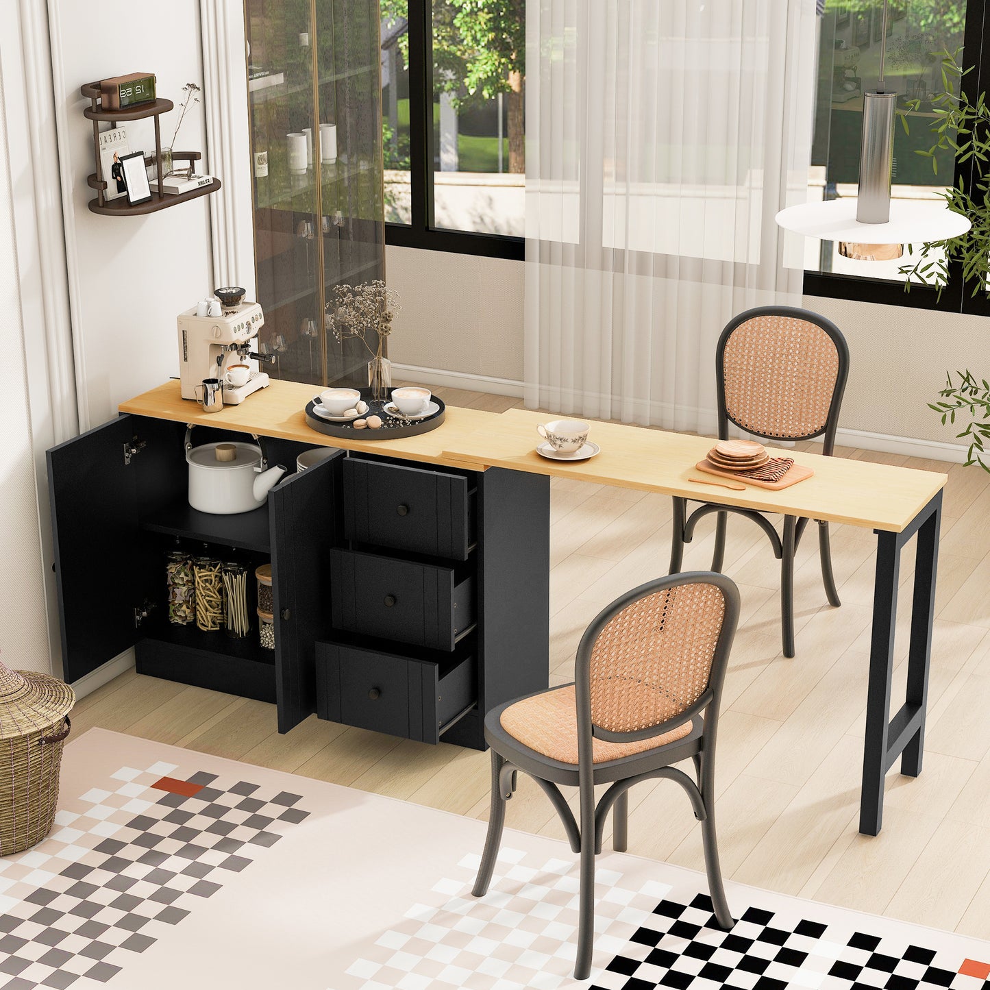 U-STYLE 89.7 Wooden Sideboard With Extendable Table Multifunctional Storage Cabinet With 2 Doors And 3 Drawers For Living Room Study Foyer And Kitchen