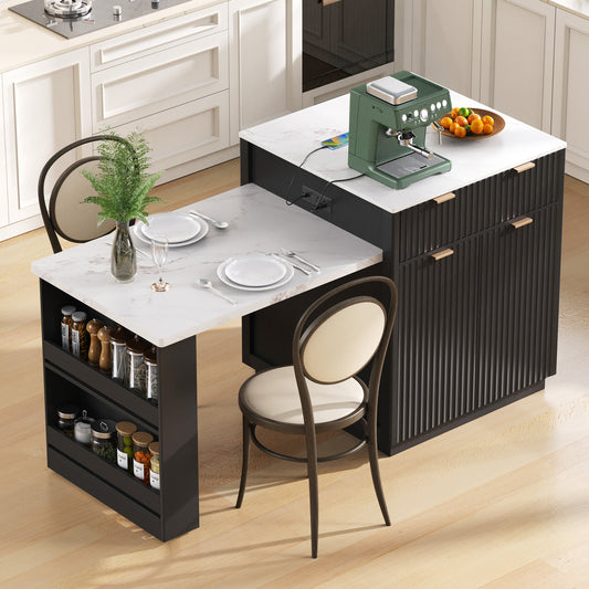 K&K 82.6   Fluted Kitchen Island With Extendable Dining Table For 4-6, Island Table For Kitchen With Power Outlet, Kitchen Table With Double-Side Storage, 2 Drawers 2 Side Open Shelves, Black
