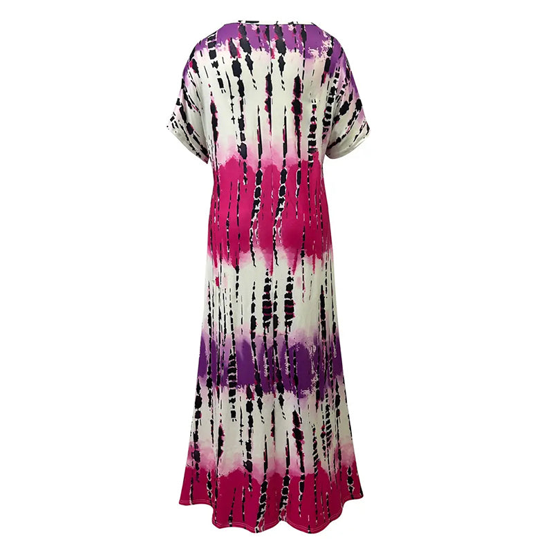 Women's Summer Tie Dye Maxi Dress Short Sleeve V Neck Casual Loose Long Split Dresses