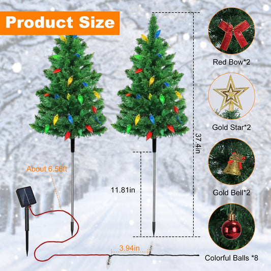 2Pack 37.4in Height Solar Christmas Tree With 1 Hundred Colorful LED Beads 8 Lighting Modes For Xmas Decoration IP44 Waterproof Outdoor Pathway Stake Light For Lawn Garden Yard Patio
