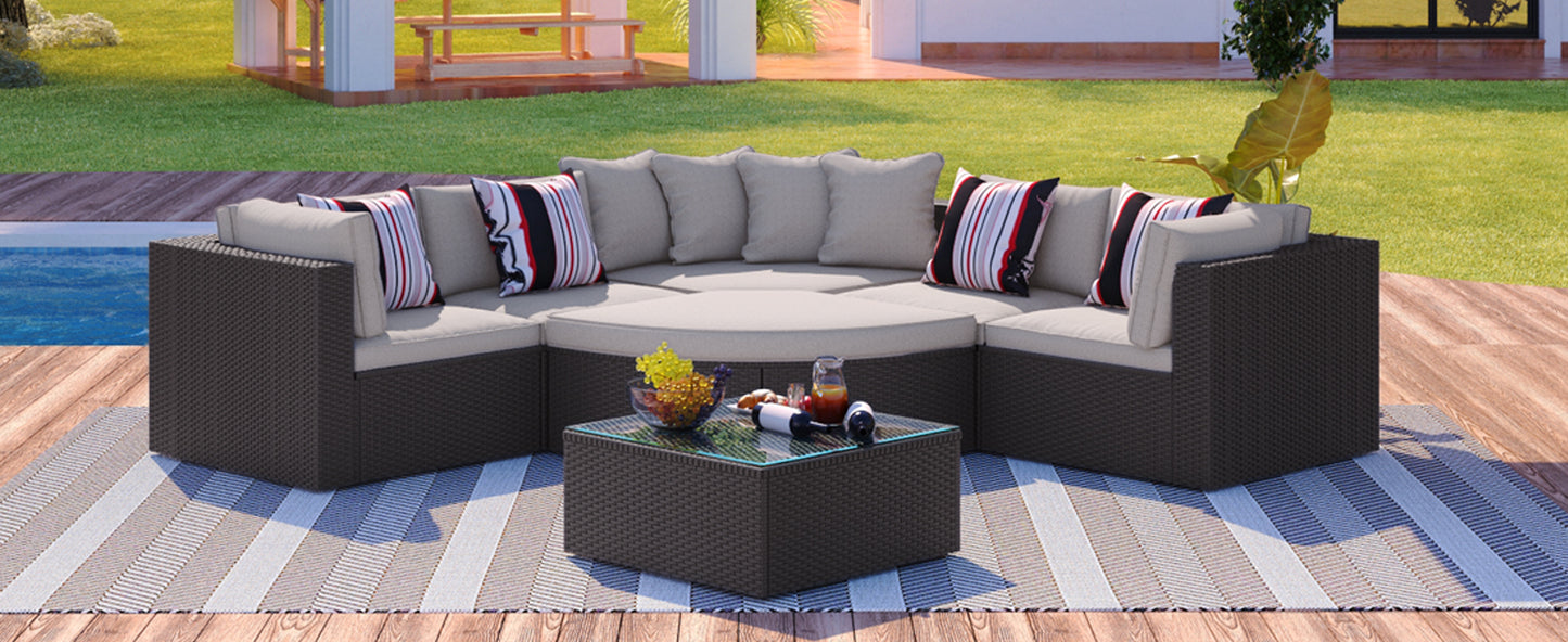 GO 7-piece Outdoor Wicker Sofa Set, Rattan Sofa Lounger, With  Colorful Pillows, Conversation Sofa, For Patio, Garden, Deck, Brown Wicker