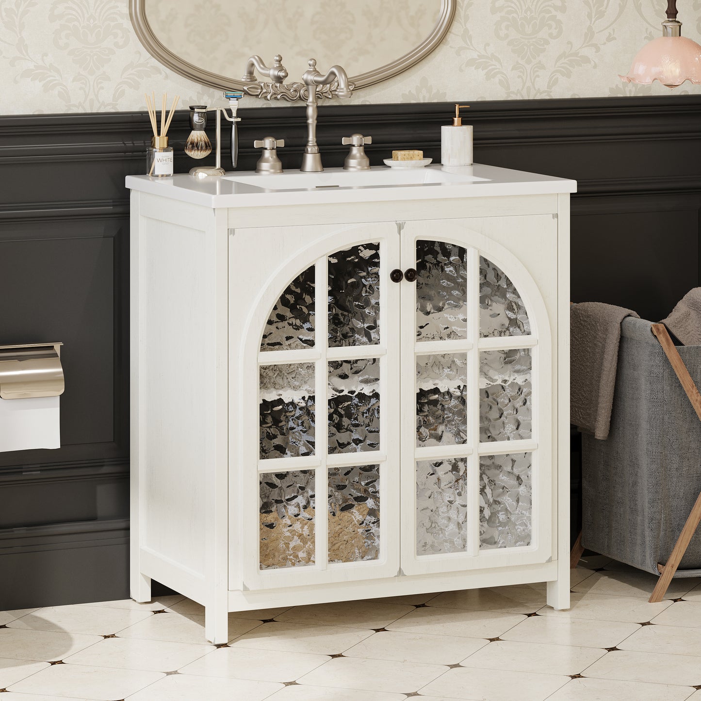 30 Inches Bathroom Vanity With Ceramic Sink, Faux Aged Finish, Vintage Rustic Bathroom Cabinet With Bronze Pulls And 2 Soft-Closing Doors, Antique White