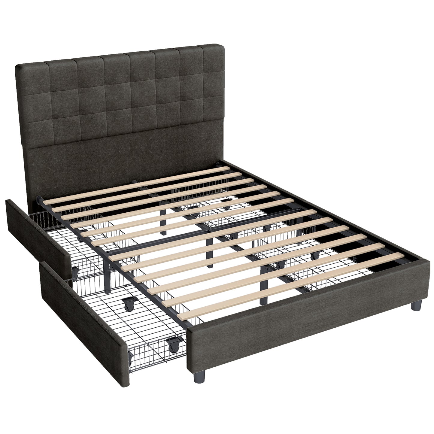 Queen Bed Frame Upholstered Vertical Channel Headboard Bed Frame With 4 Storage Drawers Wood Slats No Box Spring Needed Easy Assembly For Bedroom