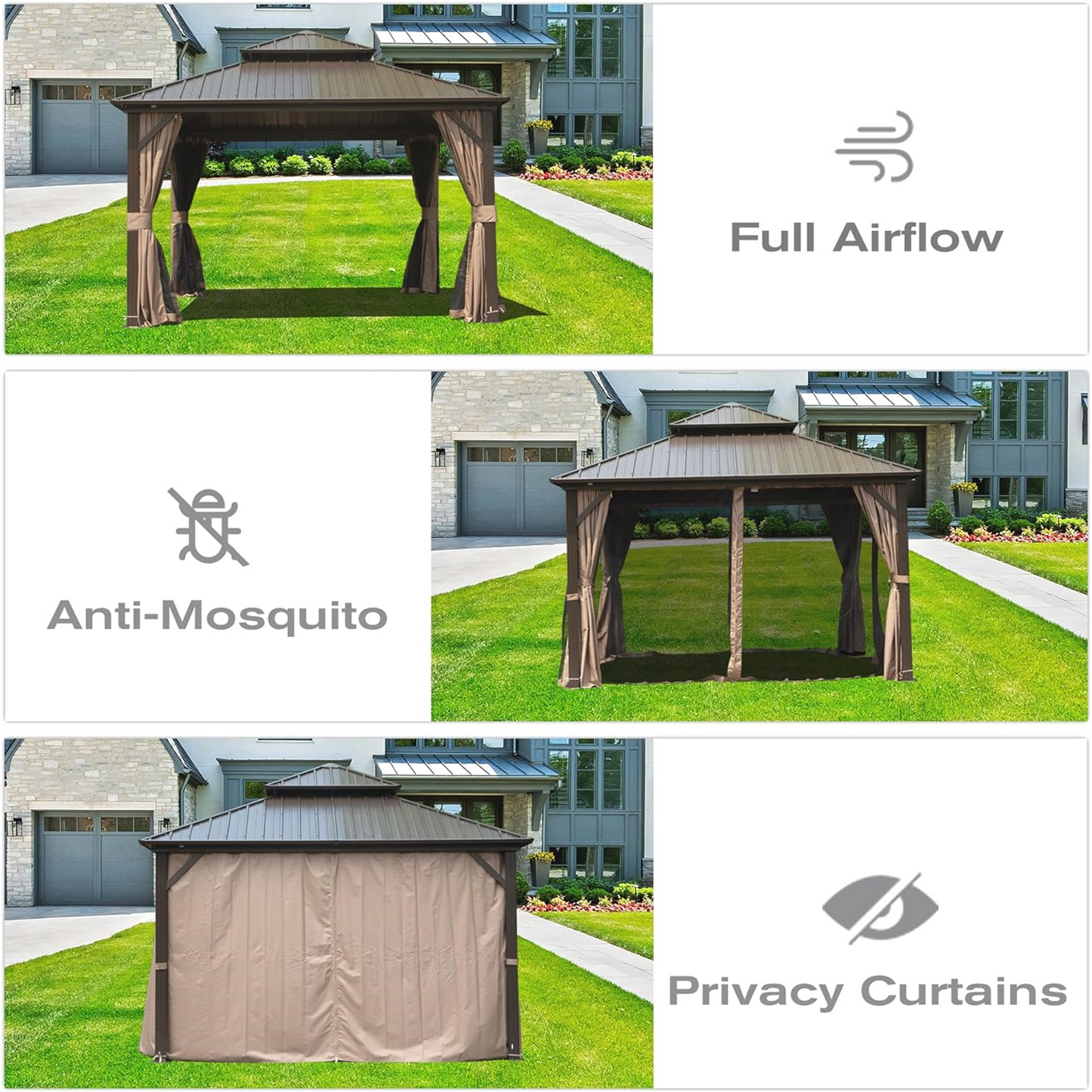 10  X 10  Hardtop Gazebo, Aluminum Metal Gazebo With Galvanized Steel Double Roof Canopy, Curtain And Netting, Permanent Gazebo Pavilion For Party, Wedding, Outdoor Dining, Brown