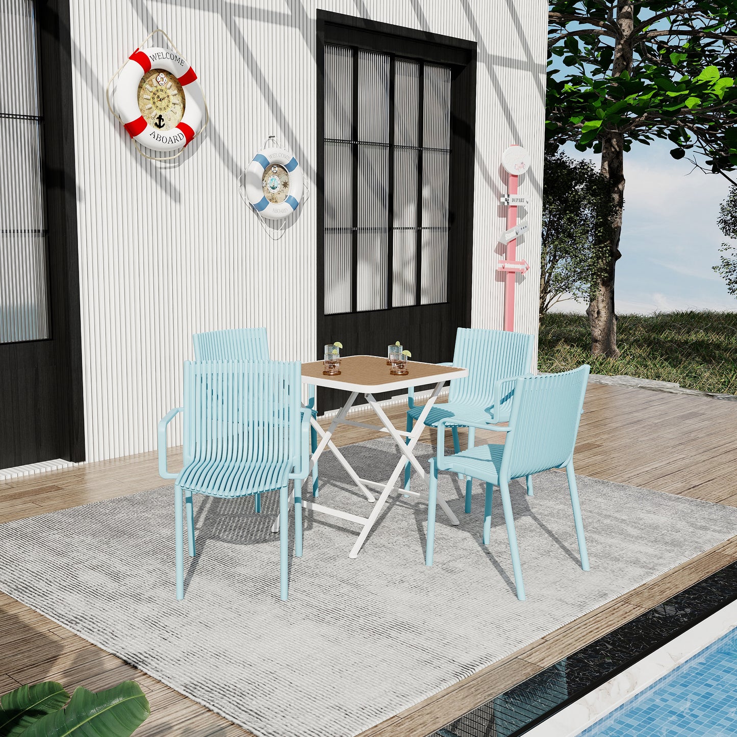Holiday- 4pcs Light Blue Stackable PP Armchair For Indoor Outdoor Use-Ergonomic Slatted Back With Modern Folding Indoor Outdoor Multi-functional Square Table- PP Tabletop With Metal Legs White, Khaki