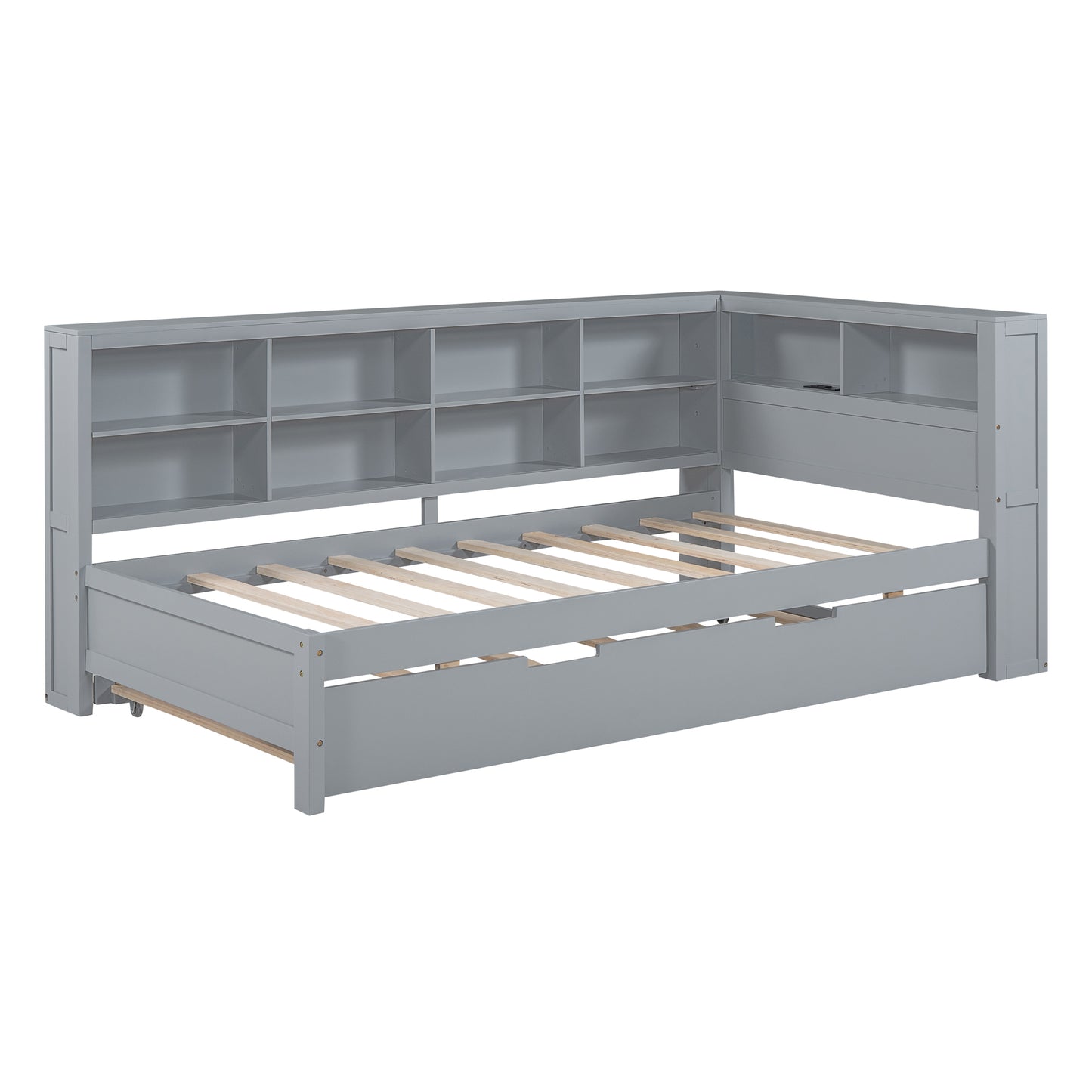 Wooden Twin Size DayBed With Twin Size Trundle, DayBed With Storage Shelf And USB Charging Ports,Grey