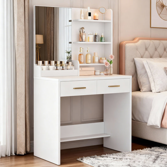 Vanity Table With Mirror 2 Drawers 3 Open Shelves Elegant White Makeup Desk For Bedroom Dorm Apartment