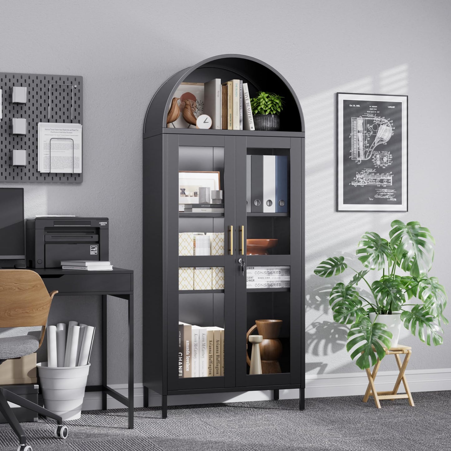 Metal Arched Bookcase Cabinet With 3 LED Strips,Lockable Arched Display Cabinet With Glass Doors For Living Room, Home,Office, Assembly Required Black