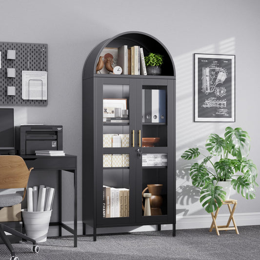 Metal Arched Bookcase Cabinet With 3 LED Strips,Lockable Arched Display Cabinet With Glass Doors For Living Room, Home,Office, Assembly Required Black