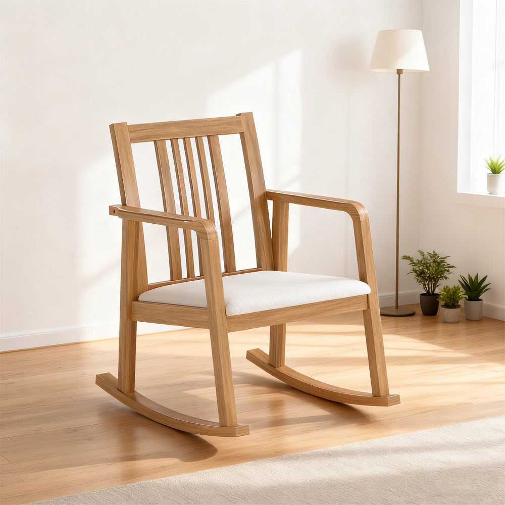 Rocking Chair With Slatted Back And Curved Armrests Rubberwood For Living Room, Bedroom, Study, Balcony Or Covered Patio