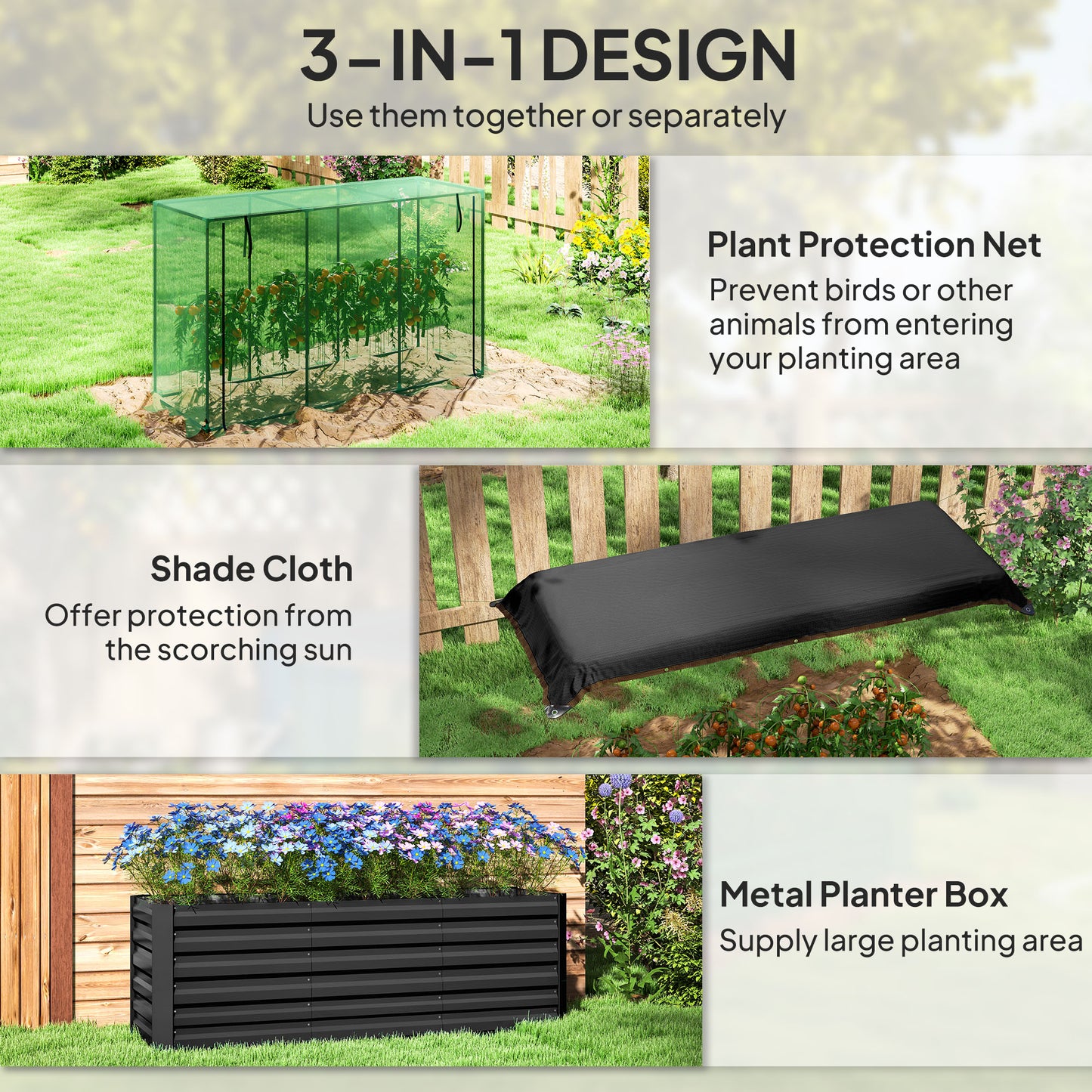 Galvanized Steel Planter Box With Crop Cage And Shade Cloth, Raised Garden Bed For Flowers, Veggies And Herbs, Dark Gray