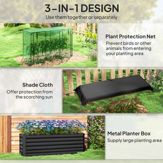 Galvanized Steel Planter Box With Crop Cage And Shade Cloth, Raised Garden Bed For Flowers, Veggies And Herbs, Dark Gray