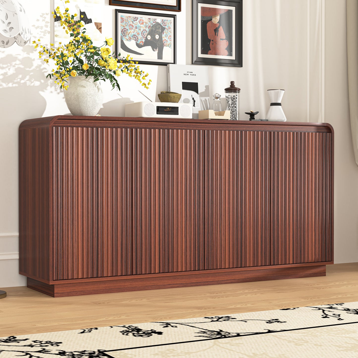 Walnut 4-Door Fluted TV Stand With Power Outlet, Handleless Wave Design Entertainment Center, Adjustable 3-Tier Particle Board Storage Cabinet, Multi-Functional Media Console & Buffet Sideboard