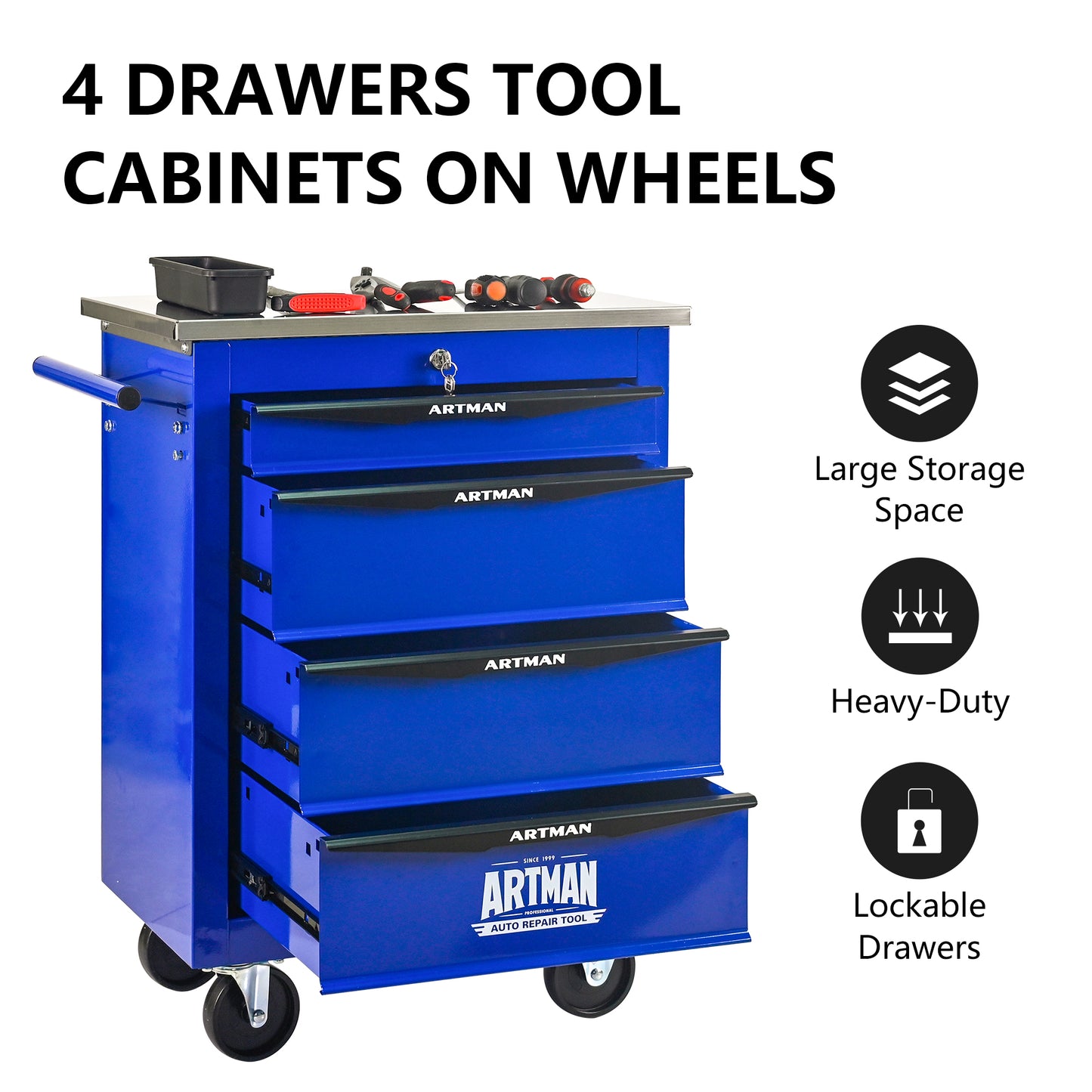 4 Drawers Multifunctional Tool Cart With Wheels,Metal Rolling Tool Cart Storage For Garage Workshop Warehouse Repair Shop--With  Stainless Steel Roof- BLACK&BLUE