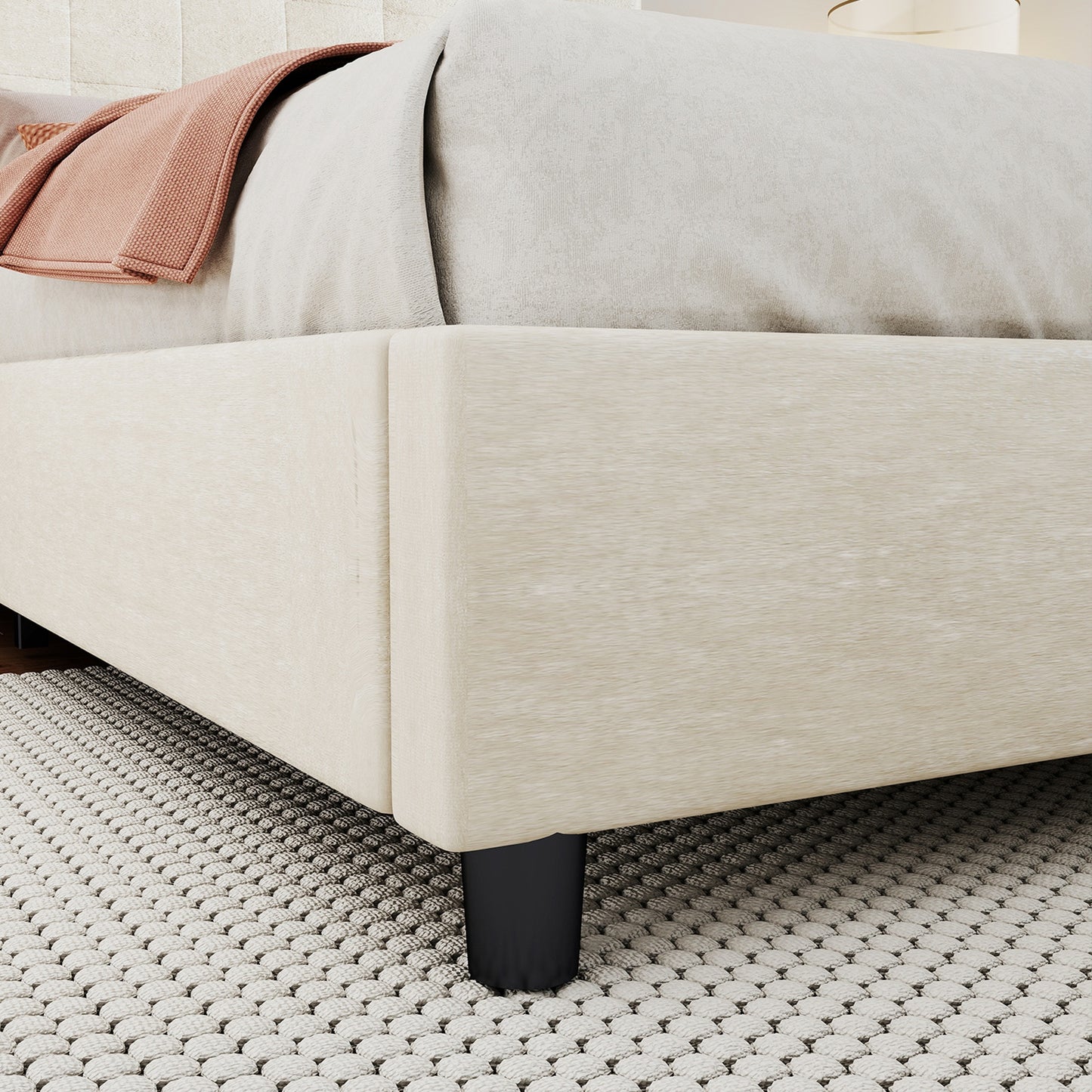 Bed Frame Upholstered Vertical Channel Headboard With 4 Storage Drawers Wood Slat Elegant Modern Bed Frame No Box Spring Needed Easy Assembly For Bedroom