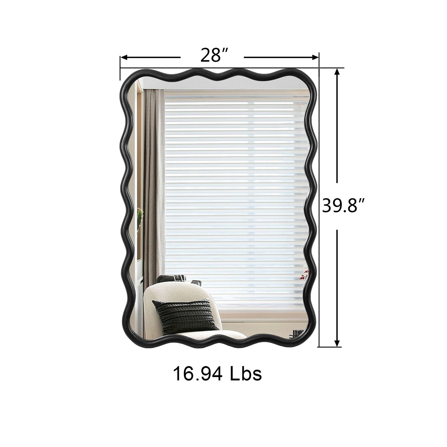 Solid Wood Wavy Rectangle Mirror-Black 40 X 28 Modern Mirror Wall Decor For Bathroom, Bedroom, Living Room, Dining Room, Cloakroom, Entryway
