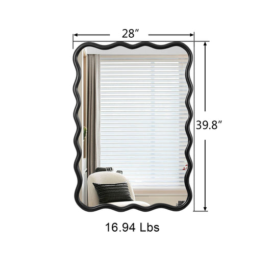 Solid Wood Wavy Rectangle Mirror-Black 40 X 28 Modern Mirror Wall Decor For Bathroom, Bedroom, Living Room, Dining Room, Cloakroom, Entryway