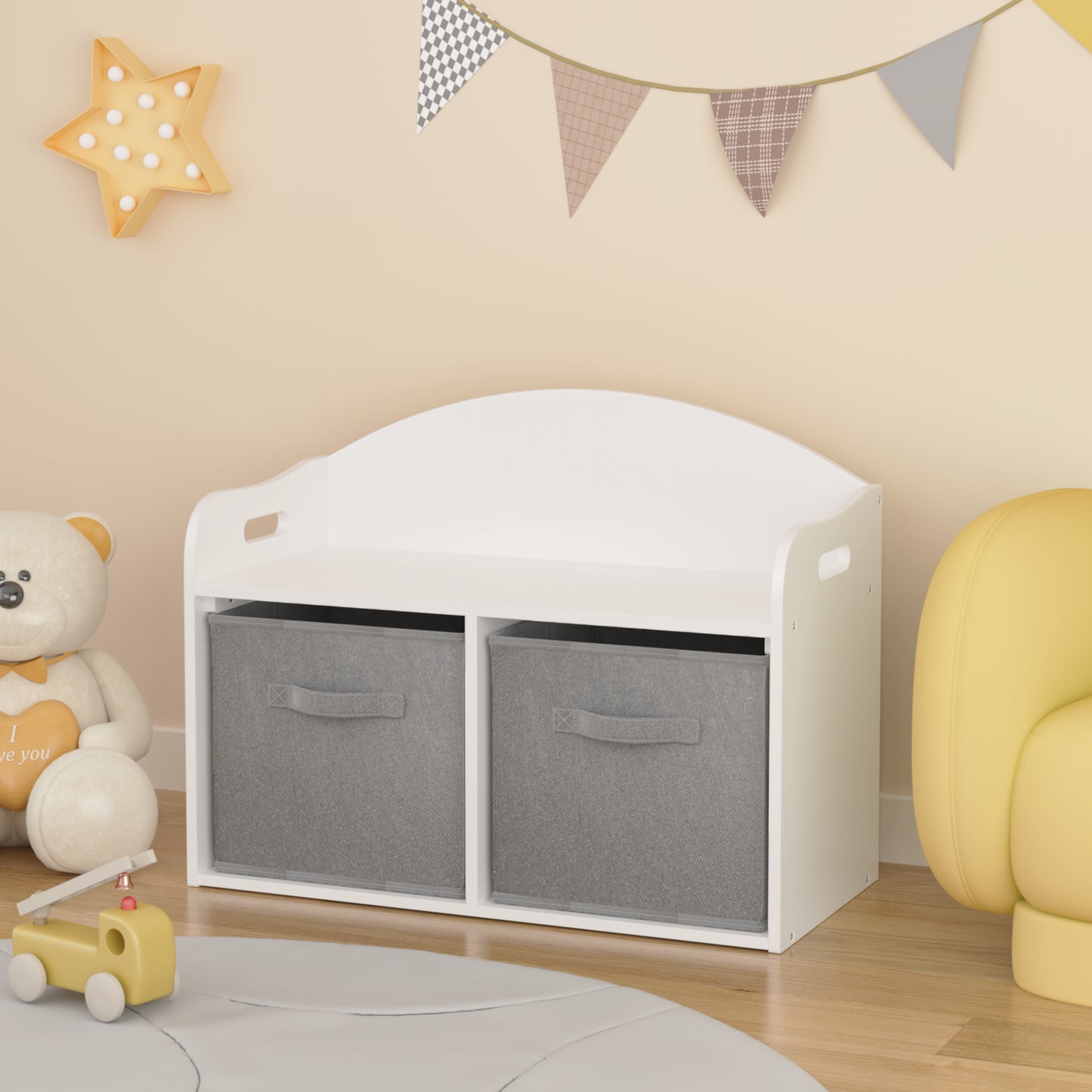 Kids Wooden Toy Box Bench With Collapsible Fabric Drawers,Toy Storage Cabinet Organizer, White