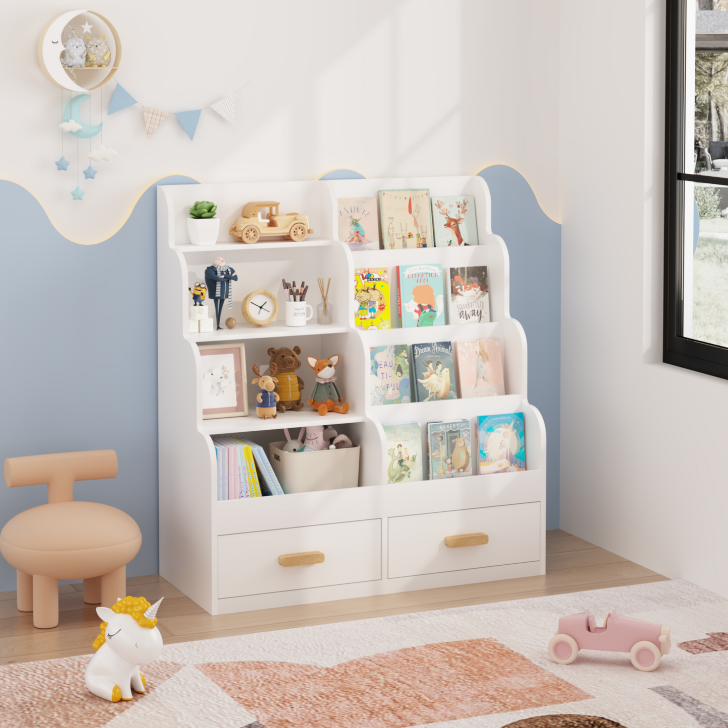 Kids Bookshelf With 2 Storage Drawers, Front-Facing Children's Bookcase And Toy Organizer, Multi-Tier Reading Shelf For Toddlers, Playroom, Bedroom, Or Nursery - White