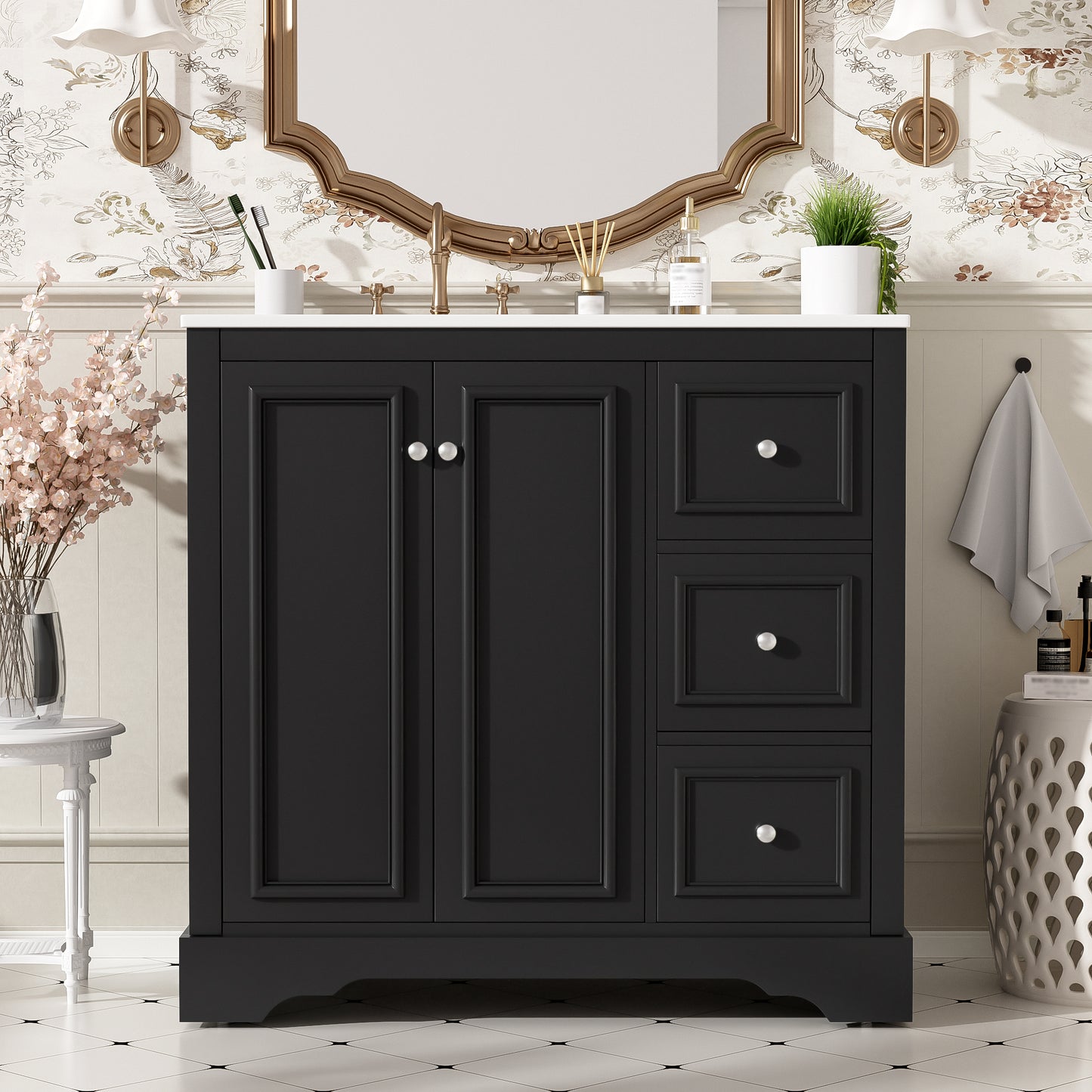 36'' Transitional Bathroom Vanity With Ceramic Sink -Features 2 Soft-close Doors, An Adjustable U-shaped Shelf, 3 Drawers  Including One With Divider , Painted Finish, And Ample Storage Space