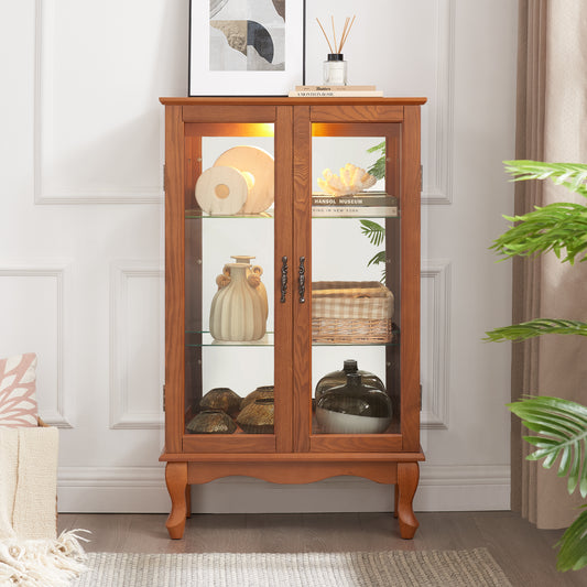 2 Doors Curio Cabinet With Tempered Glass Doors, Curio Cabinets With Mirrored Back Panel And Adjustable Shelves, Lighted Display Cabinet For Home, Office Light Bulb Included Oak
